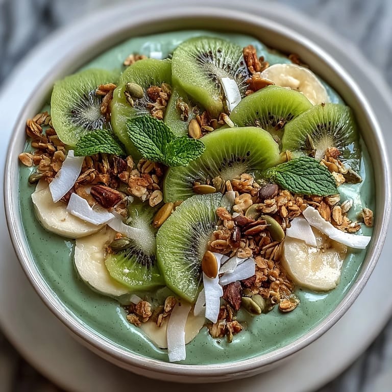 A refreshing and nutrient-packed smoothie bowl featuring creamy spinach, kiwi, and banana, garnished with coconut and pumpkin seeds for added texture.  