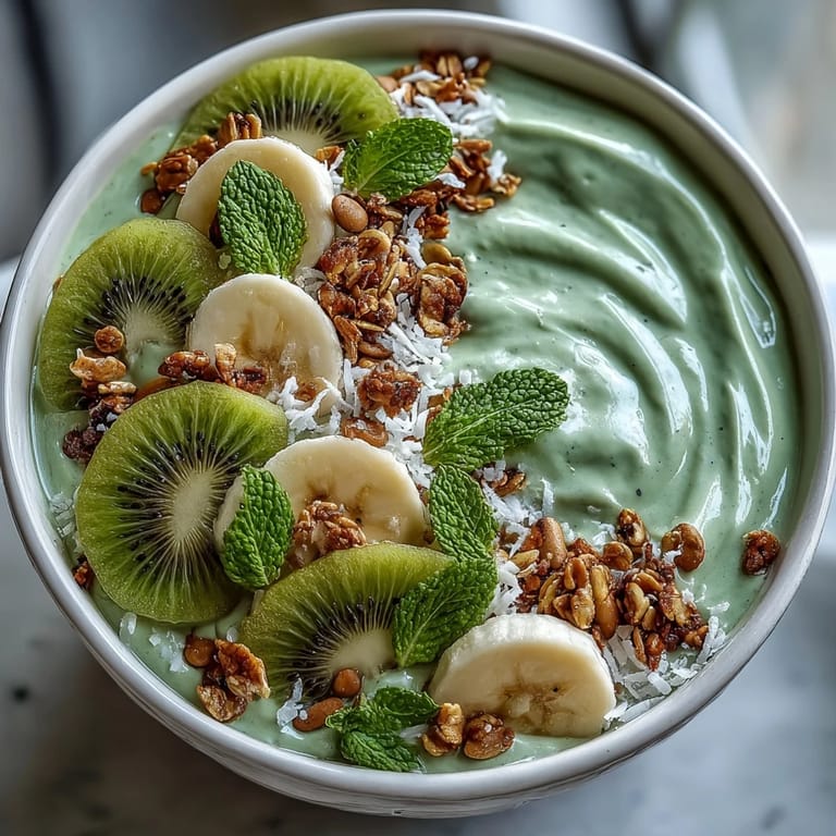 Energizing Shamrock Green Smoothie Bowl with Kiwi and Spinach, a colorful breakfast or snack loaded with fresh greens, fruit, and wholesome toppings.