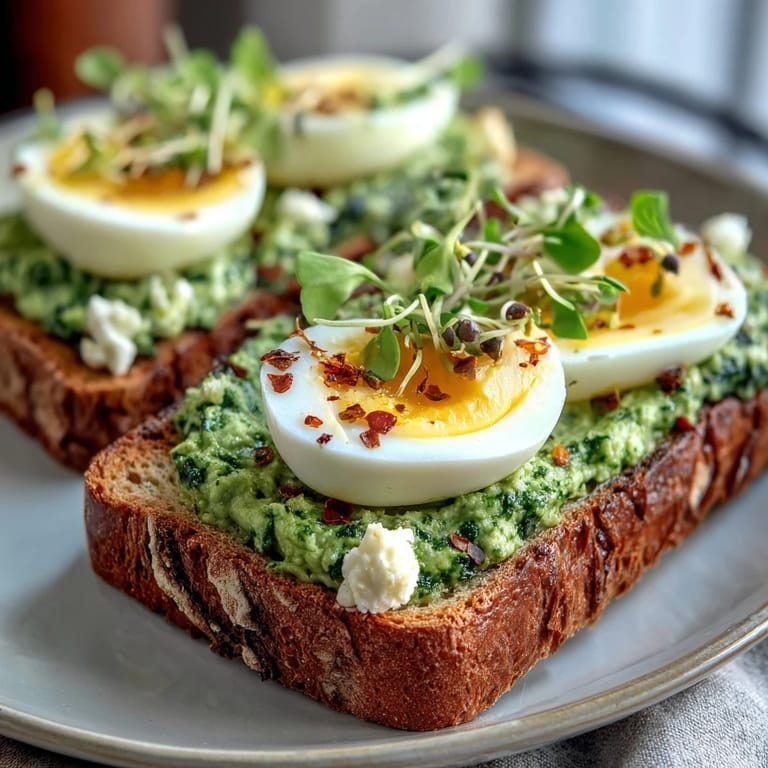 Creamy spinach basil pesto layered on toasted sourdough, crowned with a perfectly soft-boiled egg and flaky sea salt.  