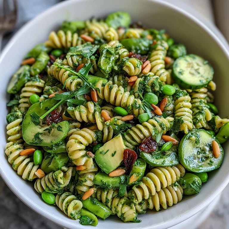 Creamy green goddess dressing coats tender pasta and fresh spring vegetables in this refreshing vegetarian salad.  