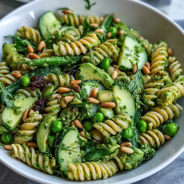 Colorful spring green goddess pasta salad with crisp peas, cucumber, and fresh herbs, perfect for light lunches or gatherings.