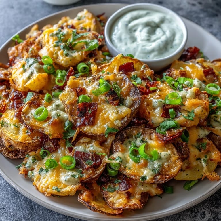 Vibrant platter of Irish-style nachos featuring roasted potato slices, rainbow veggies, olives, and creamy Greek yogurt ranch for dipping.