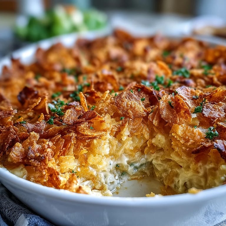 Rich and creamy funeral potatoes with a golden, buttery cornflake topping, served fresh from the oven.
