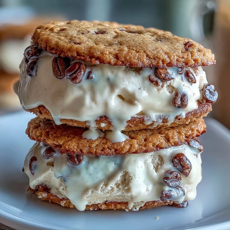 Rich coffee cookies filled with smooth vanilla bean ice cream create a refreshing summer dessert.
