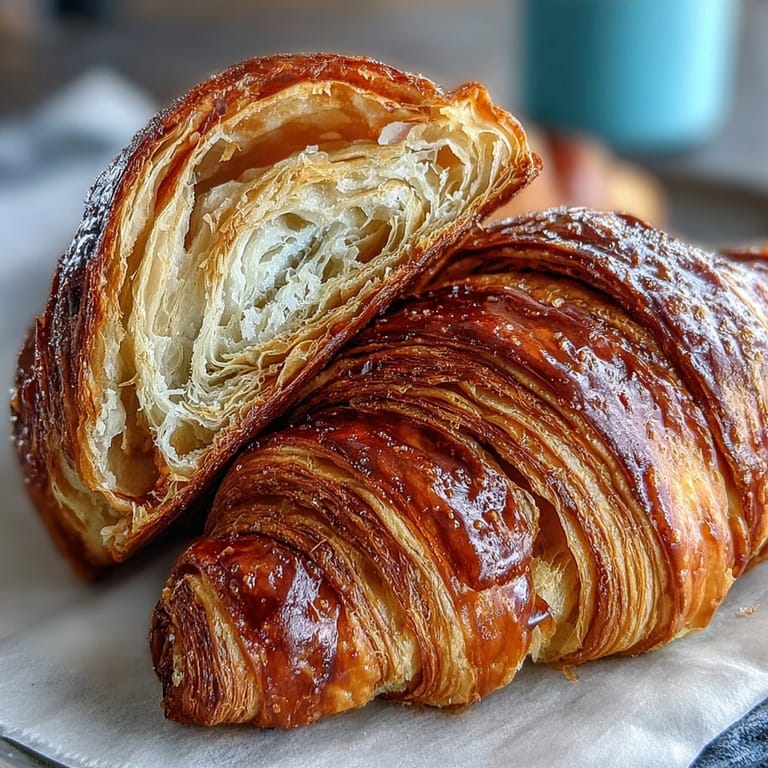 Homemade sourdough croissants fresh from the oven, golden and flaky with a rich, buttery aroma.  