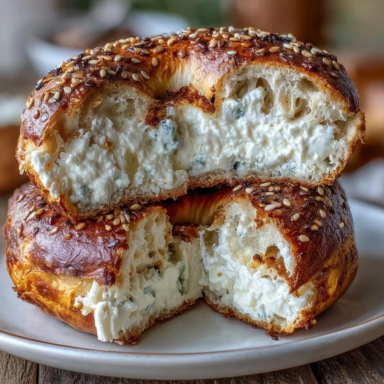 High-protein cottage cheese bagels sliced in half, revealing fluffy interior and golden crust, ideal for a nutritious and filling morning meal.