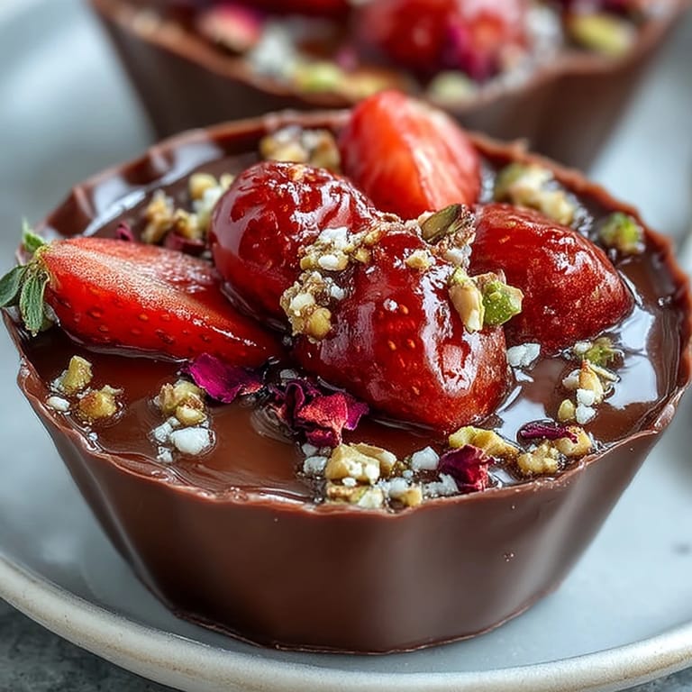 Luxurious Dubai Chocolate Strawberry Cups with Pistachio Crunch: Fresh strawberries macerated in honey and orange zest nestle in rich dark chocolate, finished with caramelized pistachio clusters.