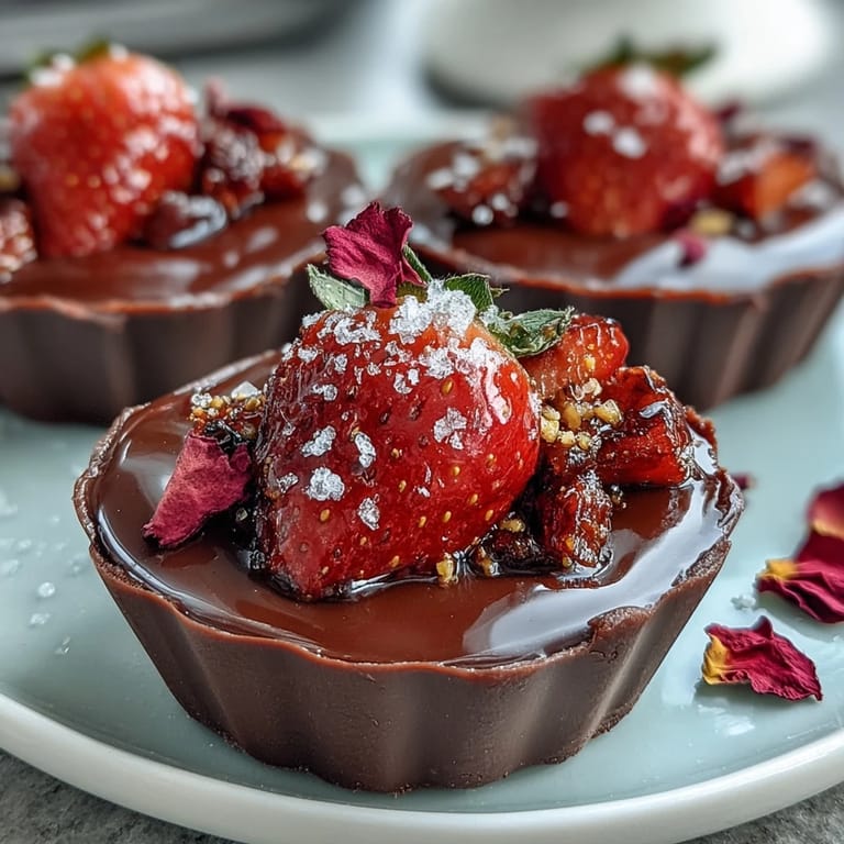 Elegant Dubai Chocolate Strawberry Cups with Pistachio Crunch: Decadent chocolate shells encase rosewater-infused strawberries, garnished with crunchy pistachios and edible rose petals for a stunning treat.