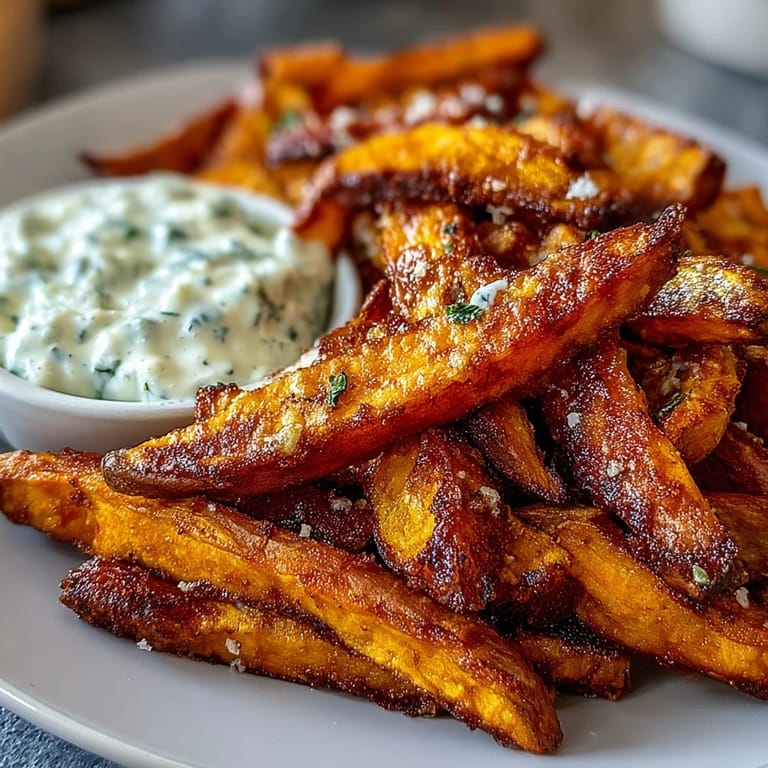 Homemade sweet potato fries from the air fryer, paired with zesty garlic aioli for dipping.