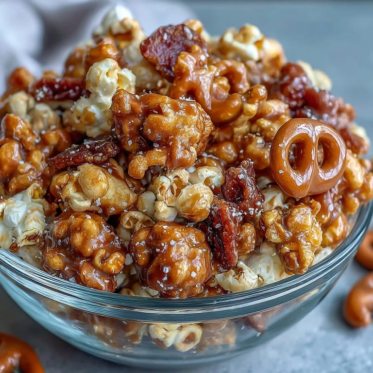 Sweet and crunchy Caramel Candy Apple Popcorn Mix with a glossy caramel coating, dried apples, and vibrant candy-coated chocolates for a festive snack.