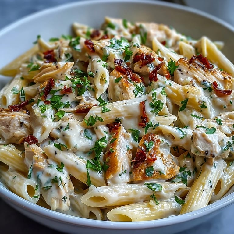 A comforting bowl of Mississippi Chicken Pasta with creamy sauce, penne pasta, and vibrant pepperoncini for a zesty twist.
