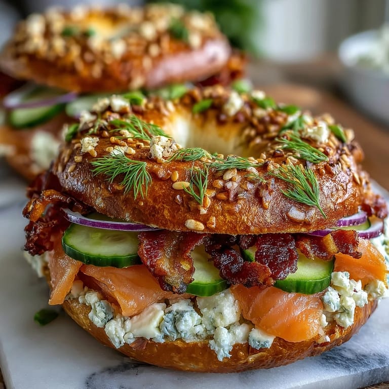 Soft, chewy cottage cheese bagels layered with smoked salmon, red onion, and cucumber for a refreshing brunch bite.