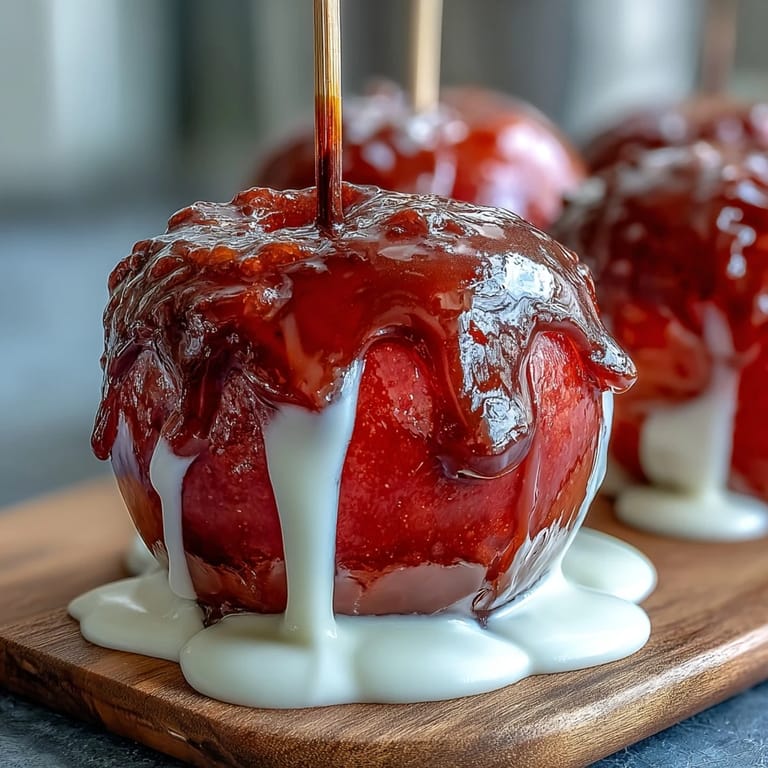 Glossy red candy apples on a rustic wooden board, each apple glistening with a hard candy coating and drizzled in delicate white chocolate swirls.