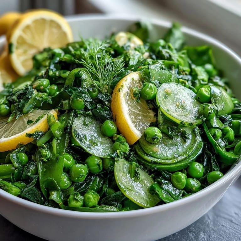 Fresh spring salad with radishes and peas, drizzled with bright lemon vinaigrette for a refreshing, tangy flavor that celebrates seasonal produce.