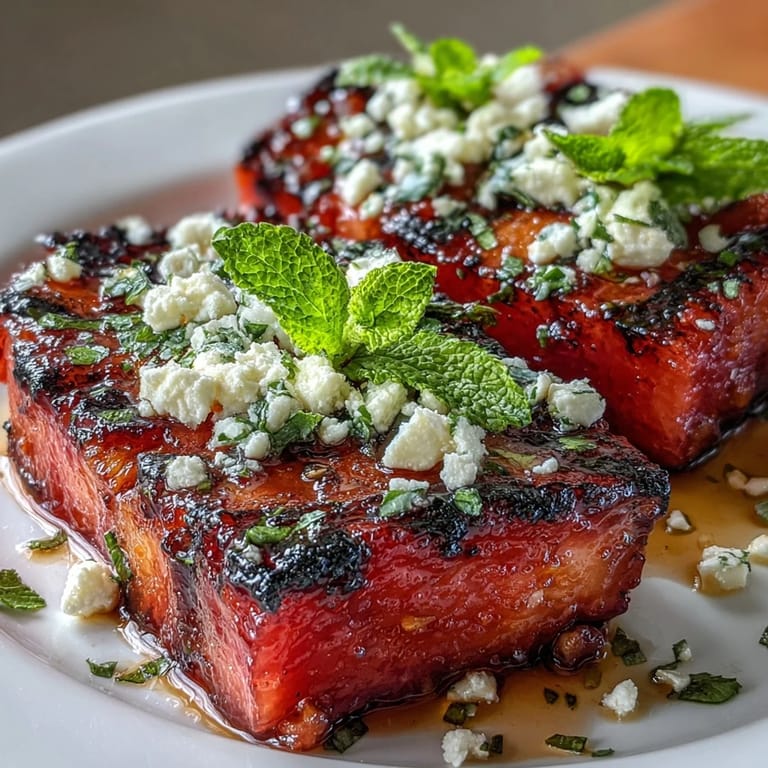 Colorful Grilled Watermelon Salad with Feta and Mint, featuring juicy charred melon and fresh herbs for a refreshing side.  