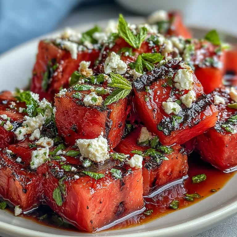 Sweet Grilled Watermelon Salad with Feta and Mint, combining caramelized fruit, tangy cheese, and bright mint leaves.