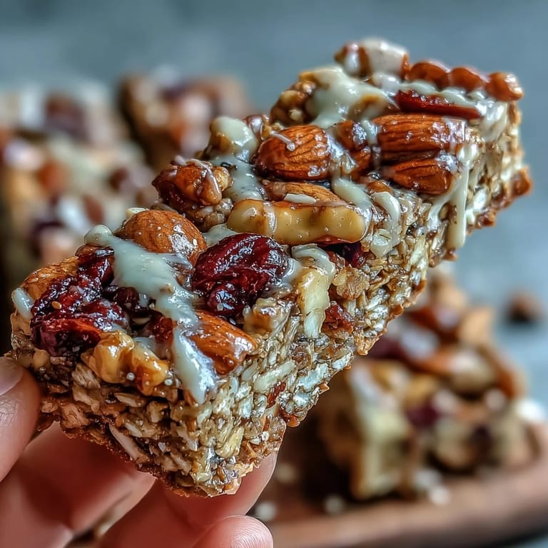 A close-up of no-bake granola energy bars with chocolate chips and coconut, cut into squares for easy serving.