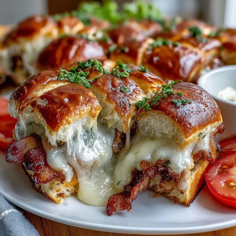 Miniature Hot Brown sandwiches with layers of turkey, tomato, and cheese sauce on golden brioche slider buns, ideal for festive gatherings.