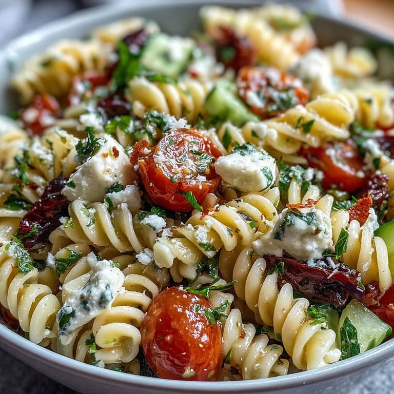 Easy pasta salad with fresh vegetables, Italian dressing, and herbs, perfect for picnics and potlucks.