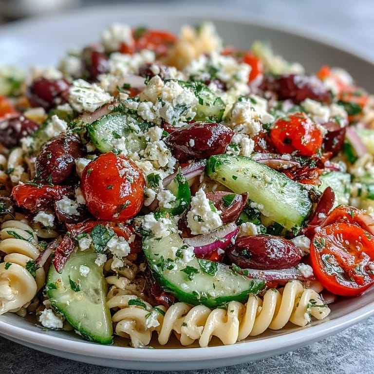 Refreshing Summer Pasta Salad featuring al dente pasta, briny Kalamata olives, and crumbled feta in a zesty herb dressing.