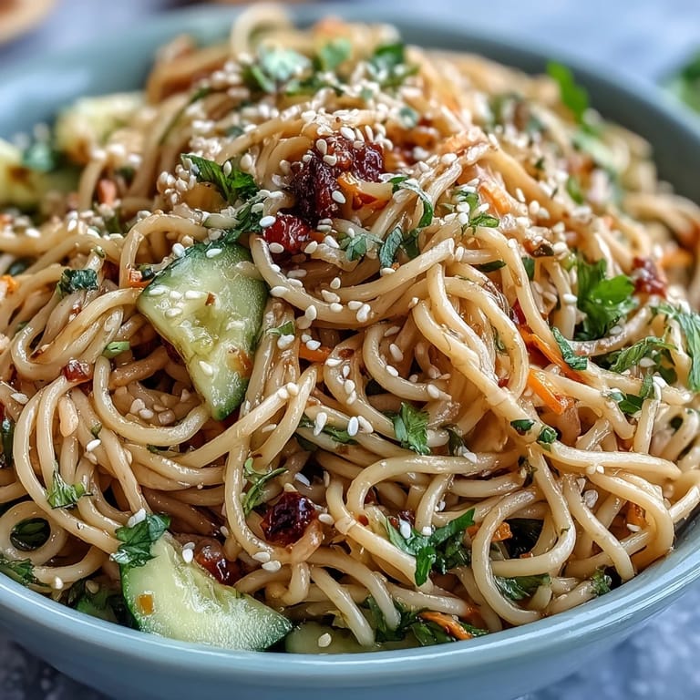 Refreshing Cold Sesame Noodle Bowl with Cucumber, tossed in creamy sesame sauce and garnished with cilantro, sesame seeds, and chili slices.