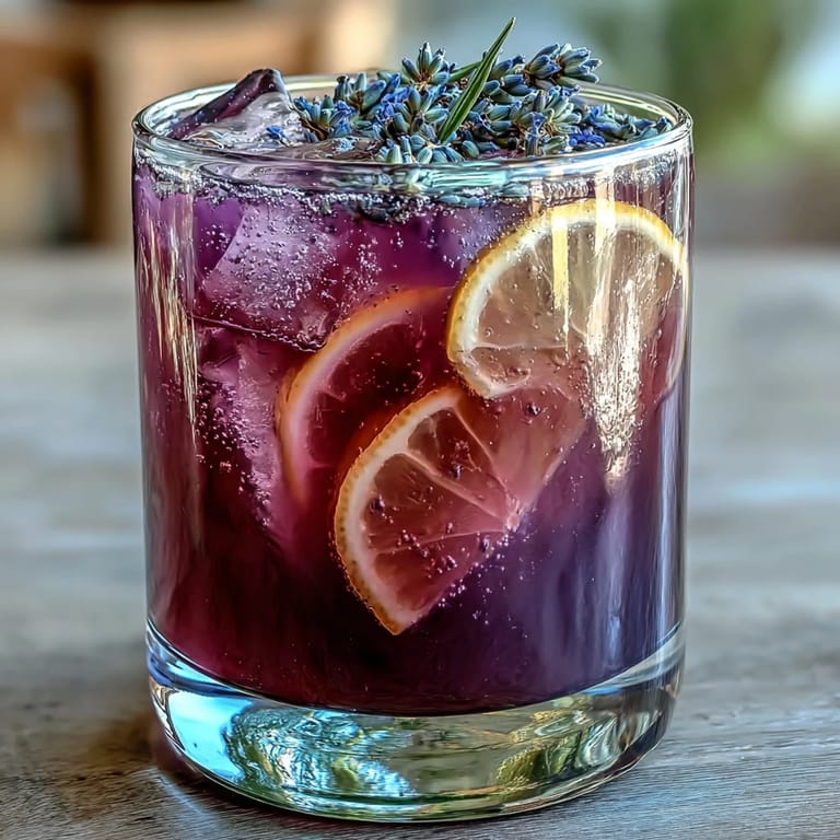 A vibrant purple lavender lemonade refresher, combining zesty lemon, sweet grape juice, and soothing lavender for a refreshing summer sip.