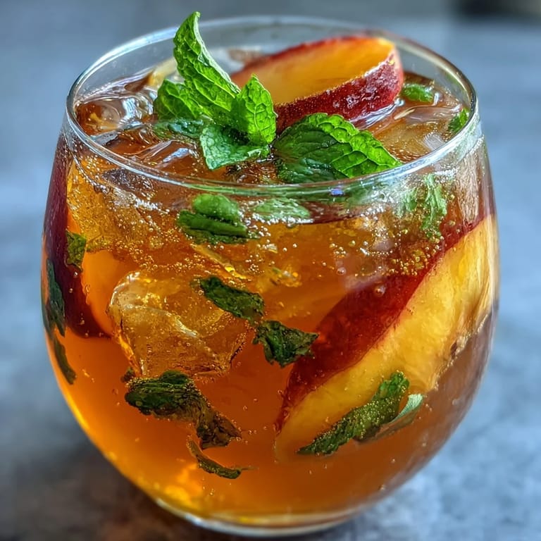 Refreshing mango peach sparkling tea with ripe fruit puree and chilled black tea, garnished with mint for a cool, fruity sip.