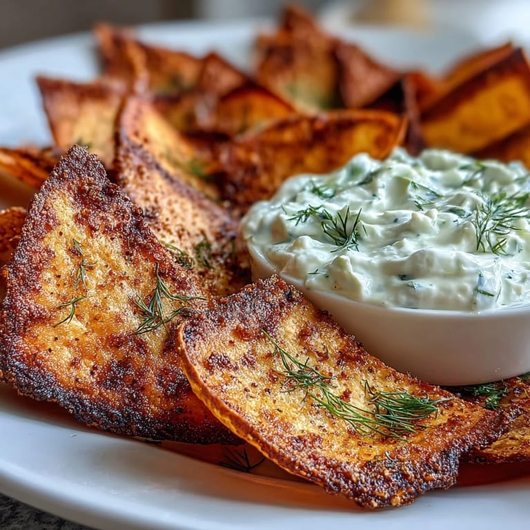 Homemade pita chips with tzatziki dip, offering a crunchy, tangy treat for any gathering.