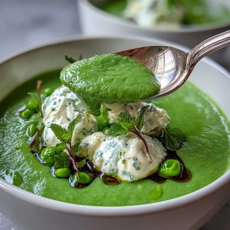 Creamy spring pea soup brightened with fresh mint oil and dollops of ricotta.
