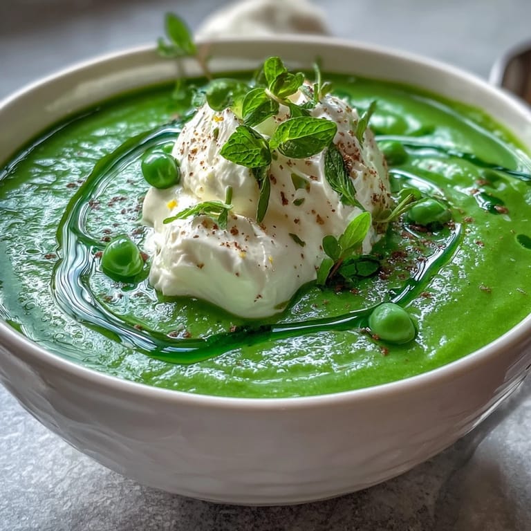 Deliciously light spring pea soup, showcasing creamy ricotta and aromatic mint oil.