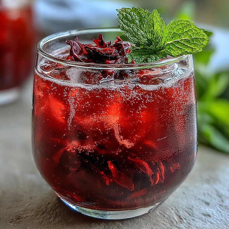 Refreshing mocktail: Sparkling Hibiscus Mint Lemonade over ice, perfect refreshment.