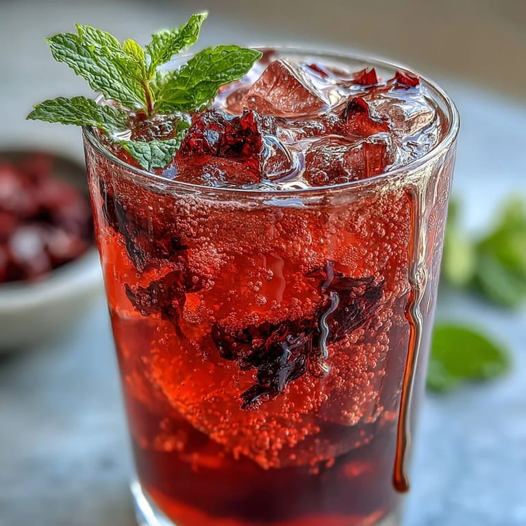 Sip this bright Sparkling Hibiscus Mint Lemonade, a cool, bubbly treat.
