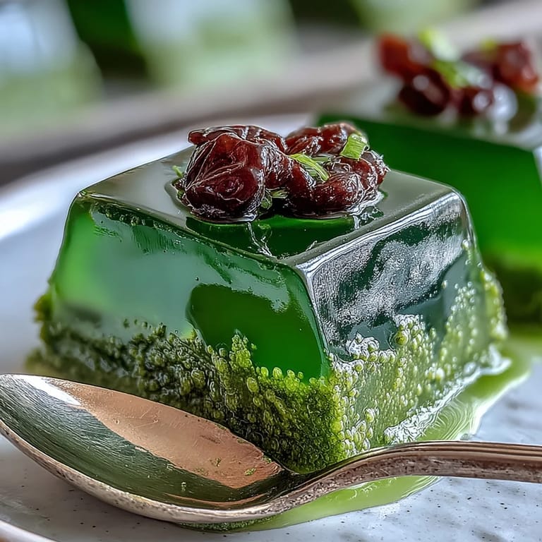 Vibrant Yokan Japanese Red Bean Jelly with Matcha Layer, ready to be sliced and served.