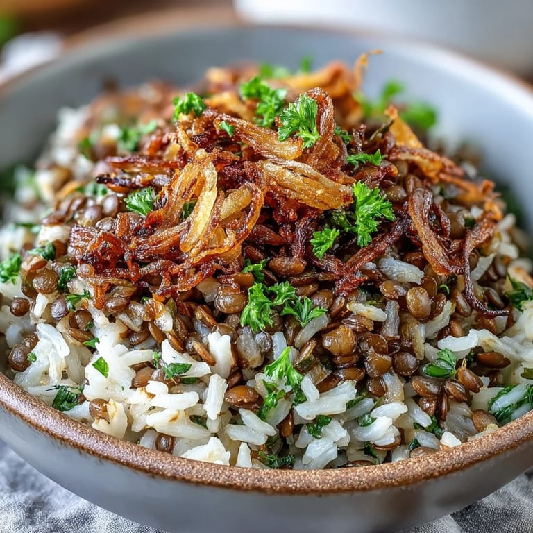 Aromatic Levantine Mujadara overflowing with tender lentils and crunchy, caramelized onions.