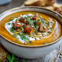 Creamy, golden Butternut Squash and Lentil Soup served in a rustic bowl, garnished with fresh cilantro and a coconut swirl.
