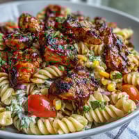 Garnished with fresh chives, this Honey BBQ Chicken Pasta Salad showcases glossy pasta and tender chicken in a creamy smoky dressing.