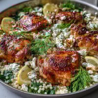 Tender chicken thighs and pearl couscous bake in a creamy lemon sauce with spinach and feta.