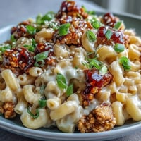 Creamy Korean-Style Turkey Mac & Cheese is topped with fresh scallions and toasted sesame seeds in a ceramic bowl. 