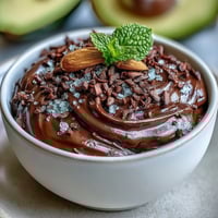 Creamy vegan chocolate avocado mousse cups topped with crunchy sea salt cacao nibs and roasted almonds.