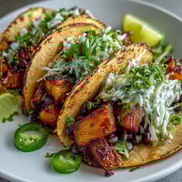 Colorful vegan tacos filled with juicy pineapple, black beans, and smoky spices, topped with creamy coconut lime slaw and fresh cilantro.  