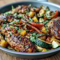 Vibrant one-pan mango chili chicken and veggie bake with juicy chicken, sweet mango, and roasted bell peppers.