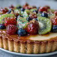 A golden cardamom custard tart with vibrant fresh fruit arranged in a colorful, artful pattern.