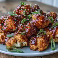 Crispy air fryer General Tso's cauliflower florets coated in a sweet, spicy, and tangy Asian-inspired sauce.  