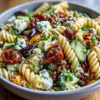 Colorful picnic pasta salad with Italian dressing, cherry tomatoes, cucumbers, and mozzarella pearls.  