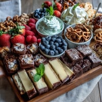 Grad party dessert board with mini treats and cake slices, a colorful array of brownies, fruit tarts, and berries perfect for celebrations.