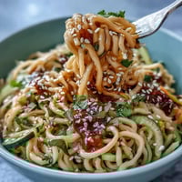 Cold Sesame Noodle Bowl with Cucumber in a creamy sesame sauce, topped with crisp julienned cucumber and fresh herbs.