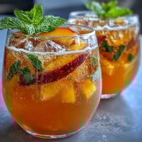 Mango peach sparkling tea served over ice with fresh mint and fruit slices, a vibrant summer beverage perfect for hot days.