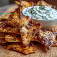 Crispy homemade pita chips paired with creamy tzatziki, perfect for a refreshing Mediterranean snack.