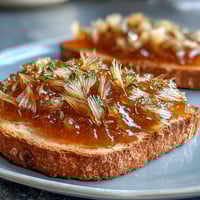 A jar of golden dandelion jelly with fresh blossoms on a rustic table, ready for spreading.