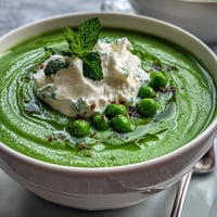 Vibrant spring pea soup topped with fluffy whipped ricotta and mint oil.